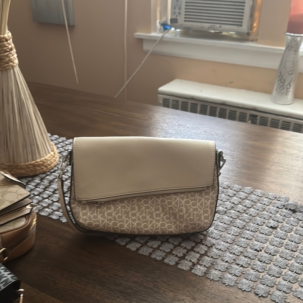 Calvin Klein Cream and Tan Crossbody Bag with Chain Strap